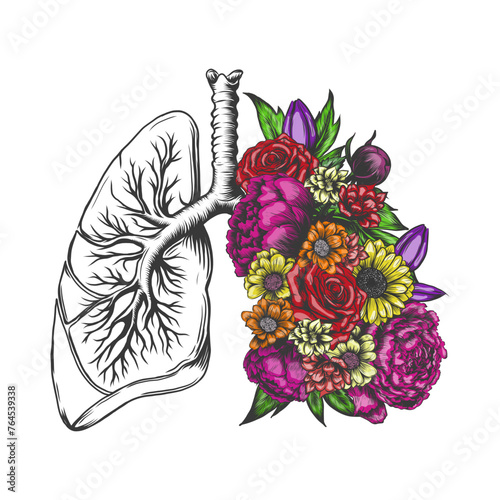 Hand drawn lungs full of blooming flower Vector human lungs illustration with flowers, bronchial tree, healthy lungs, healthcare medical. vintage drawing for asthma day, no tobacco day.
