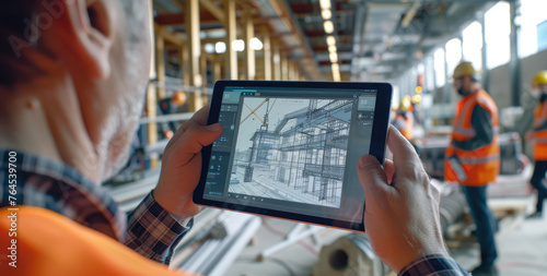 Vibrant video thumbnail for an app that captures the essence of construction site technology, showcasing digital twin models on tablet screens and busy workers