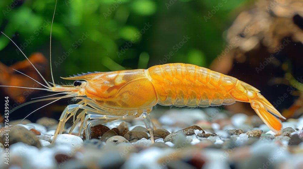  Yellow shrimp on rock, tree in background