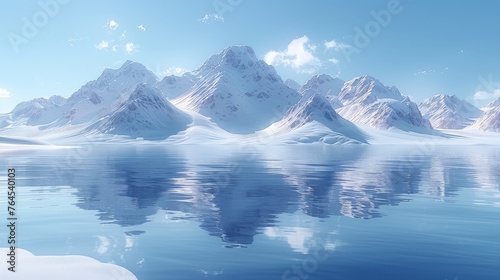  A mountain range mirrors in tranquil water  with snowy peaks backdrop