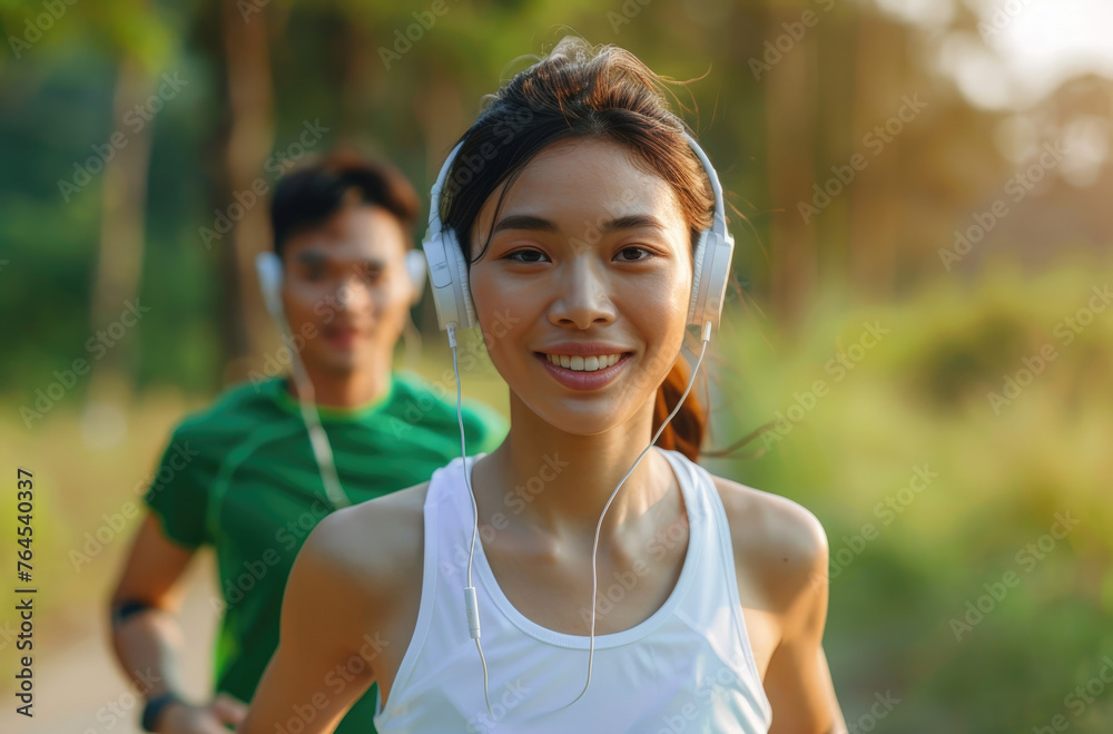 Young asian woman in white tank top and green Tshirt with her husband wearing headphones is doing sports outdoors, listening to music on an earphone while running