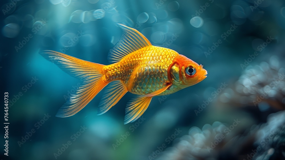Goldfish close-up, aquarium bubbles, blue backdrop Goldfish close-up, aquarium bubbles, blue backdrop