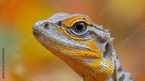  A sharp close-up of a lizard s face with an orange  yellow  and gray background that is out of focus