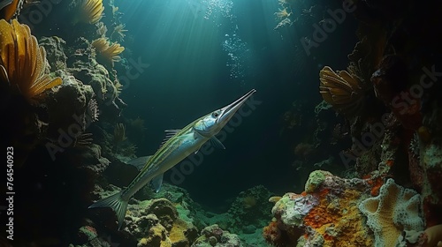  A fish swims nearby corals, illuminated by sunlight streaming through the water