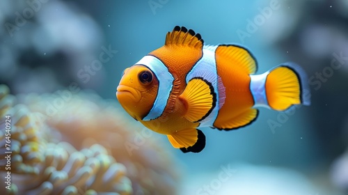  A close-up of a clownfish in an aquarium  holding an orange and white one in its mouth
