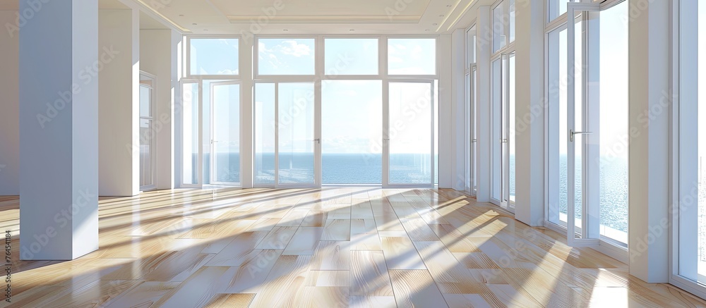 A generously sized room with elegant wooden floors and expansive windows, allowing plenty of natural light to fill the space A generously sized room with elegant wooden floors and expansive windows, allowing plenty of natural light to fill the space