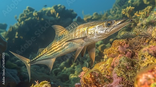  Close-up image of a fish in water with coral and marine life under bright sun