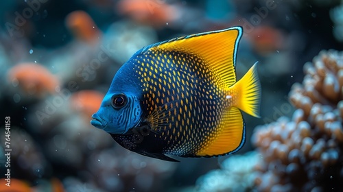  A detailed image of a vibrant blue-yellow fish resting amidst lively corals and clear water, capturing its essence in a captivating close-up
