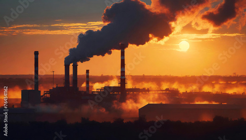 Silhouette of factory with smoking chimney on the orange sunset © Di Studio