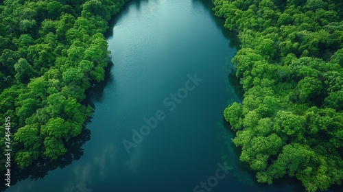  An aerial shot of a river encircled by dense greenery amidst a sylvan landscape brimming with numerous trees © Mikus