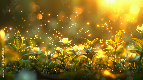 Dream-Nurturing Planters  Ethereal Vines  Bursting Imagery  Sprouting Hope  Magical Spark  3D Illustration  Golden Hour  Depth of Field Bokeh Effect