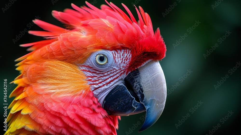 Red, yellow parrot face head, blurred green background foliage Red, yellow parrot face head, blurred green background foliage