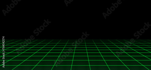 Abstract wireframe landscape perspective. Vector realistic illustration of green grid pattern on transparent black. Retro futuristic virtual cyber space background, digital mesh surface design
