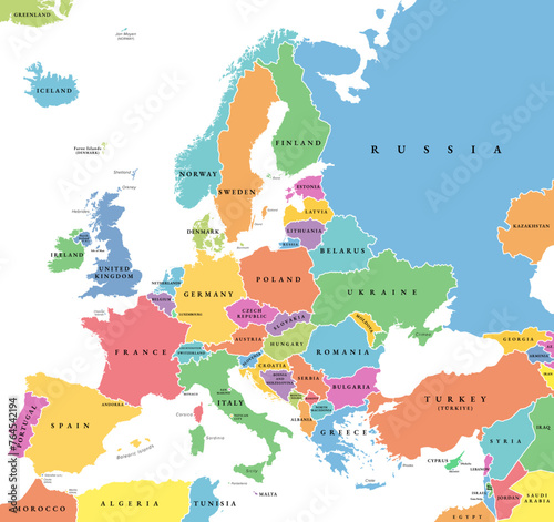 Europe with a part of the Middle East countries, political map. Western part of continent Eurasia, located in the Northern Hemisphere. Countries with international borders and English labeling. Vector photo