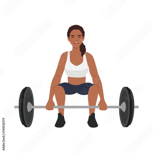 Young athlete lifts heavy barbell under supervision of personal trainer from gym teaching ward before competition. Flat vector illustration isolated on white background