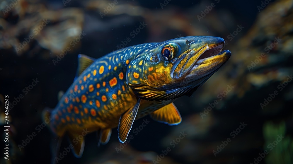 Fototapeta premium A close-up photo of a fish in an aquarium surrounded by other fish and a rocky backdrop