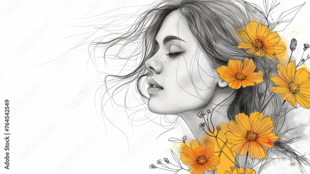Closeup black and white drawing of young woman with yellow flowers on white background Closeup black and white drawing of young woman with yellow flowers on white background
