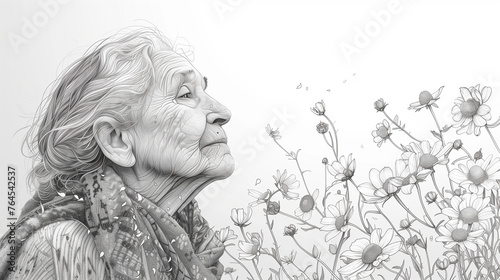 Portrait of shaman old woman with flowers in her hair, drawing in black and white
