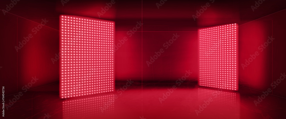 3d red led light panel in studio room background. Empty hall stage for ...