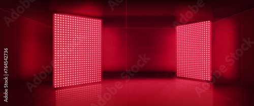 3d red led light panel in studio room background. Empty hall stage for virtual concert or luxury presentation. Futuristic club space for product display on television. Abstract board with reflection