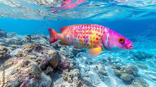  A colorful fish swims gracefully across a vibrant coral reef, surrounded by shimmering turquoise waters Below, lush corals and sponges flourish