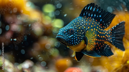  A detailed photo of a vibrant blue and yellow fish among several others in an aquarium setting