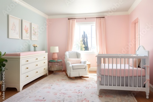 Coquette aesthetic-inspired nursery, with pastel-painted walls, lace curtains, and vintage-inspired cribs, welcoming the arrival of a new bundle of joy with elegance and grace © Hanna Haradzetska