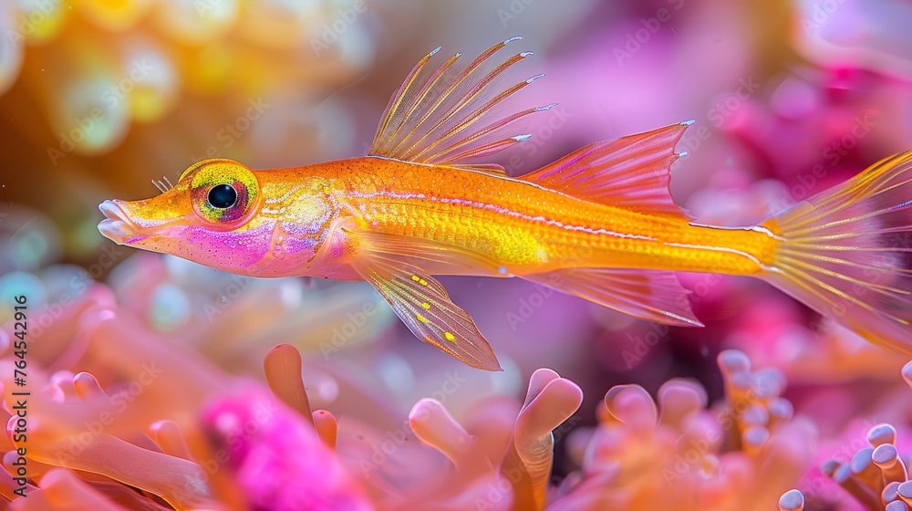 A close-up picture of a fish surrounded by various corals against a backdrop of water A close-up picture of a fish surrounded by various corals against a backdrop of water