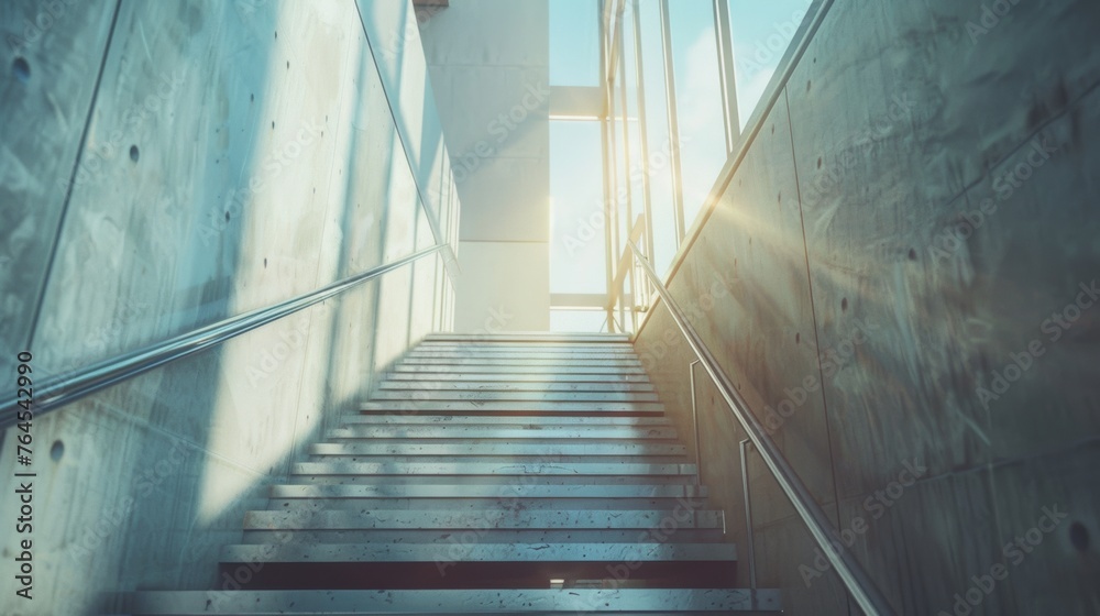Fototapeta premium Sunlit concrete stairwell, architectural lines and light play.