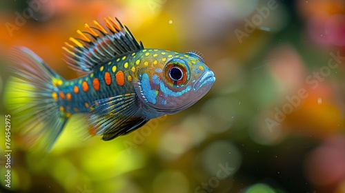  A detailed image of a blue-orange fish featuring distinct orange spots, set against a softly blurred backdrop