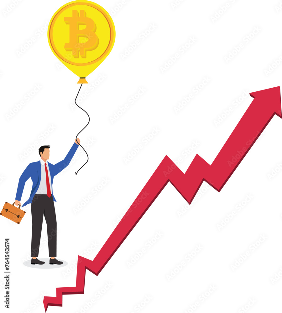 A businessman desperately holds on to the money balloon flying upwards, the concept of inflation A businessman desperately holds on to the money balloon flying upwards, the concept of inflation
