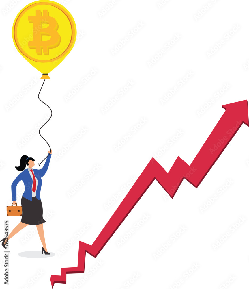A businesswoman desperately holds on to the money balloon flying upwards, the concept of inflation A businesswoman desperately holds on to the money balloon flying upwards, the concept of inflation