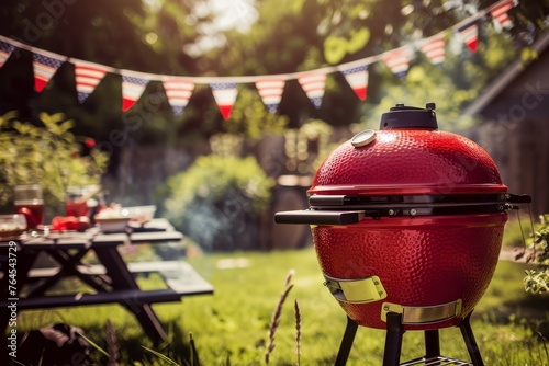 Nice red backyard grill in america. Usa flag. Celebration at home. Independence Day of the United States of America © Uliana
