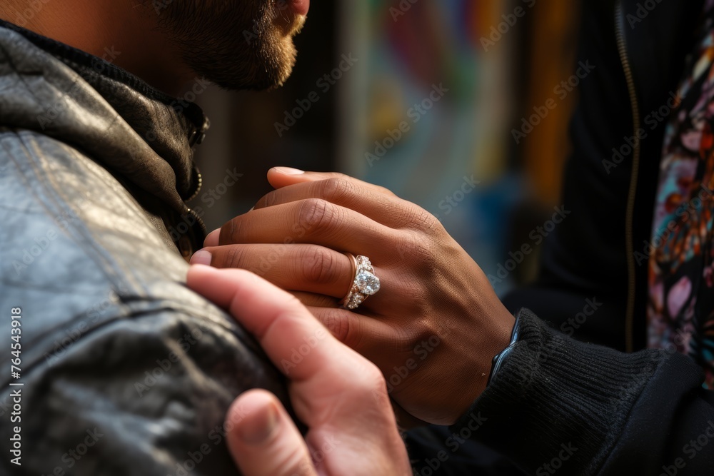 Gay couple's proposal, with one partner reaching out to present an engagement ring to the other partner, their expressions reflecting pure happiness and anticipation.