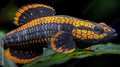  A photo of an orange-black fish on a green leafy background, featuring a black and yellow stripe