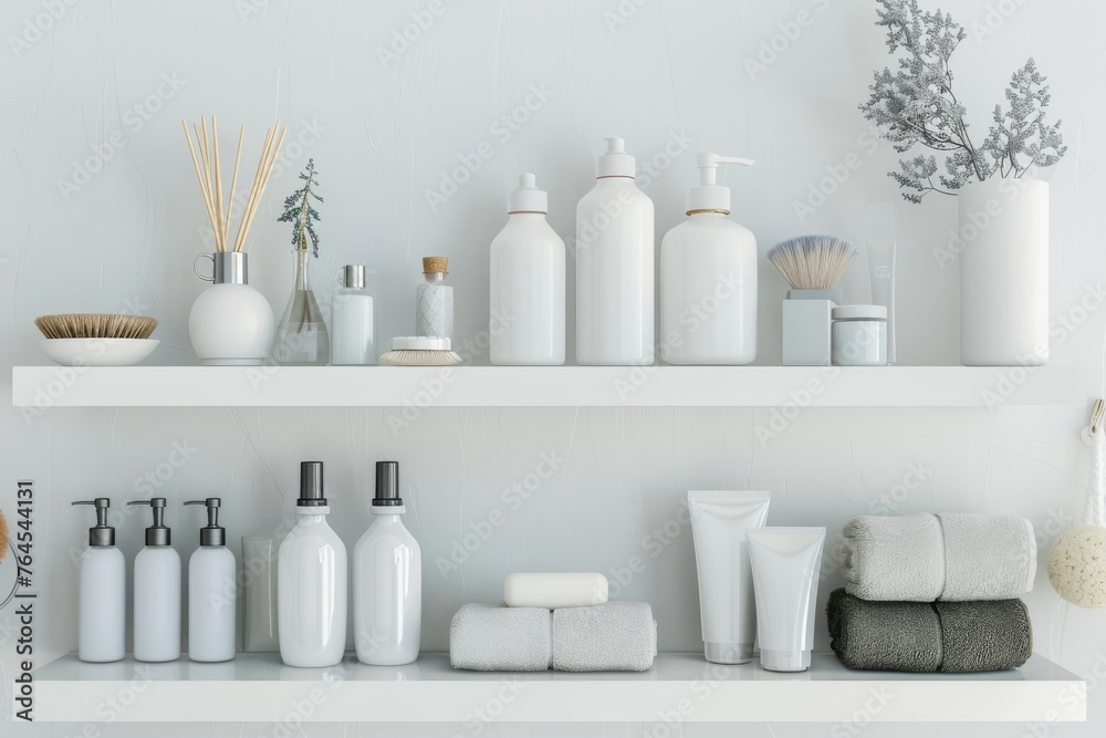 Spa and wellness products on a white shelf. Bathroom interior. No text, no labels Spa and wellness products on a white shelf. Bathroom interior. No text, no labels