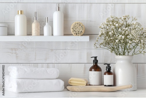 Spa and wellness products on a white shelf. Bathroom interior. No text  no labels