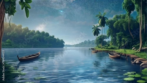 tropical island with boat and tree. amazon photo
