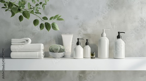 Spa and wellness products on a white shelf. Bathroom interior. No text  no labels