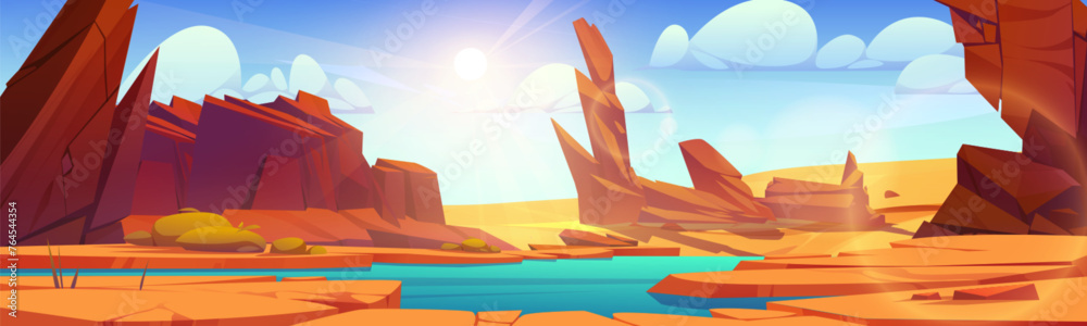Lake water on desert africa landscape. Summer wild african or arab dry ground nature to travel. Red rock in heat western mexican environment scene. Panoramic barren sand texas park under blue sky - obrazy, fototapety, plakaty 
