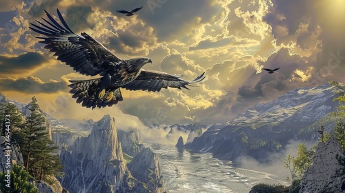 An eagle soaring majestically over a breathtaking mountain landscape with a flock of birds in the distance © stasylionet