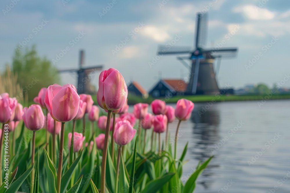Traditional Dutch windmill along a canal with pink tulip flowers in the foreground, Netherlands 