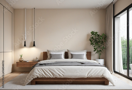 Bedroom interior mockup in beige colors with wooden furniture colorful background © Fukurou