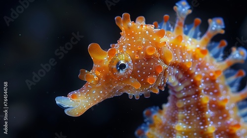  A photo of a close-up sea horse, surrounded by bubbles, against a dark background