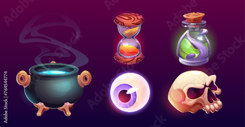 Wizard and witch game ui icons. Cartoon vector set of fantasy sorcerer equipment and symbols - cauldron with hot potion and steam, glass flask with green liquid poison, eye ball and skull, hourglass.