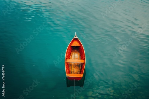 a scene of floting boat on a very peaceful lake , coloful image, sirreal, top view, boat has pointy edge shape, minimalist photo photo