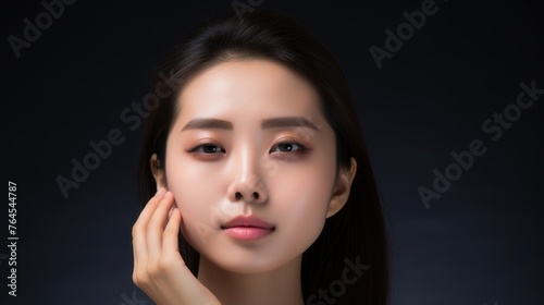 Chinese woman touch face with smooth healthy skin, studio photo