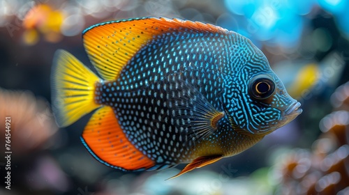  a blue and orange fish in an aquarium with sharp focus on the subject and a blurred background of rocks and water