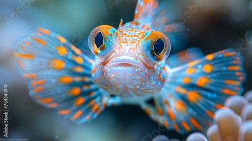  A blue and orange fish with white and orange stripes on its face and eyes