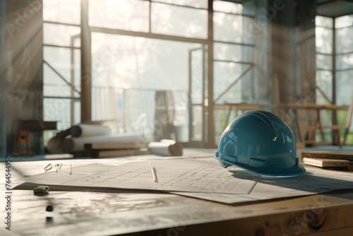Architectural blueprint and helmet on the table at the construction site 